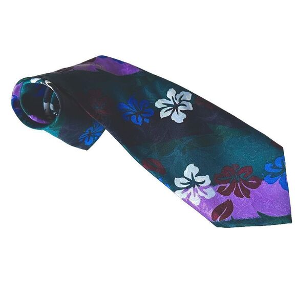 Vintage Green & Purple Tropical Flower Pattern Tie. - Picture 5 of 6